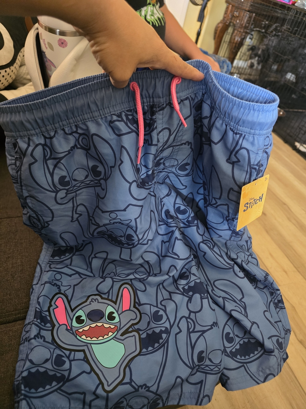 Disney Blue Stitch Allover Print Swim Trunks with Pink Drawstring